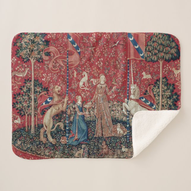 Lady and Unicorn Mittelalterliche Tapestation Gesc Sherpadecke (Vorderseite (Horizontal))