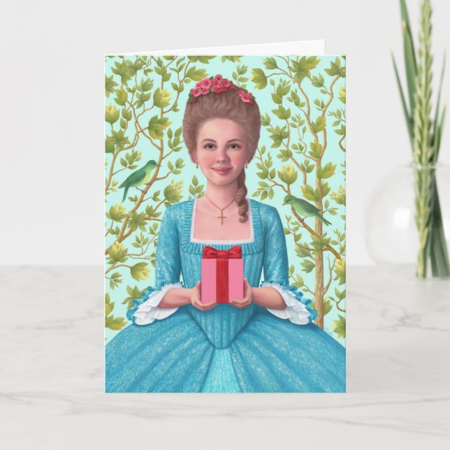 "Lady aus dem 18. Jahrhundert, die ein Geschenk hä Karte (Vorderseite)