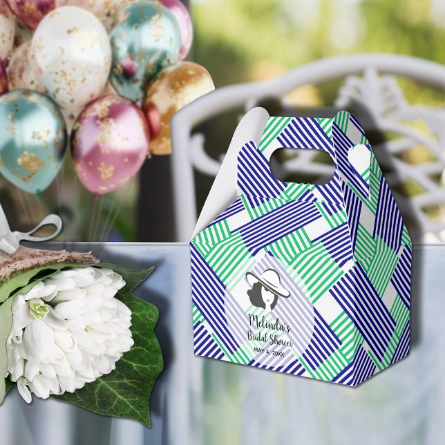 Lady Big Hat Derby Brautparty Gable Geschenkschachtel (Big Derby hat lady on blue and green diagonal stripes gable style bridal shower favor boxes)