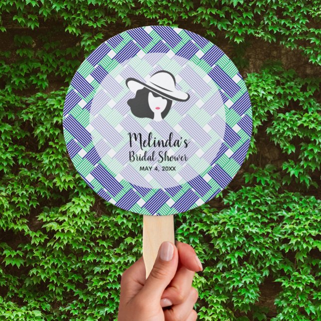 Lady Big Hat on Blue Stripes Derby Fächer (Lady in big hat on blue, green and white stripes Derby-themed bridal shower hand fans)