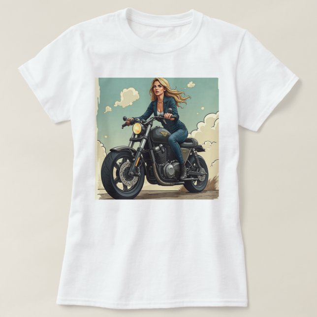 Lady Biker auf der Straße T-Shirt (Design vorne)