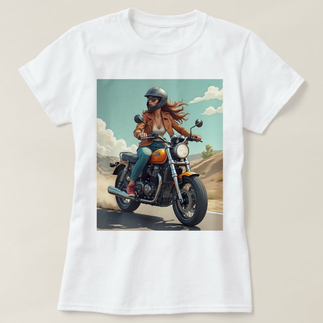 Lady Biker auf der Straße T-Shirt (Design vorne)
