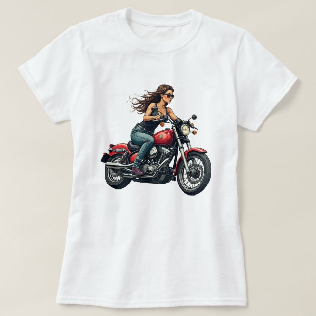 Lady-Bikerin auf der Straße T-Shirt (Design vorne)
