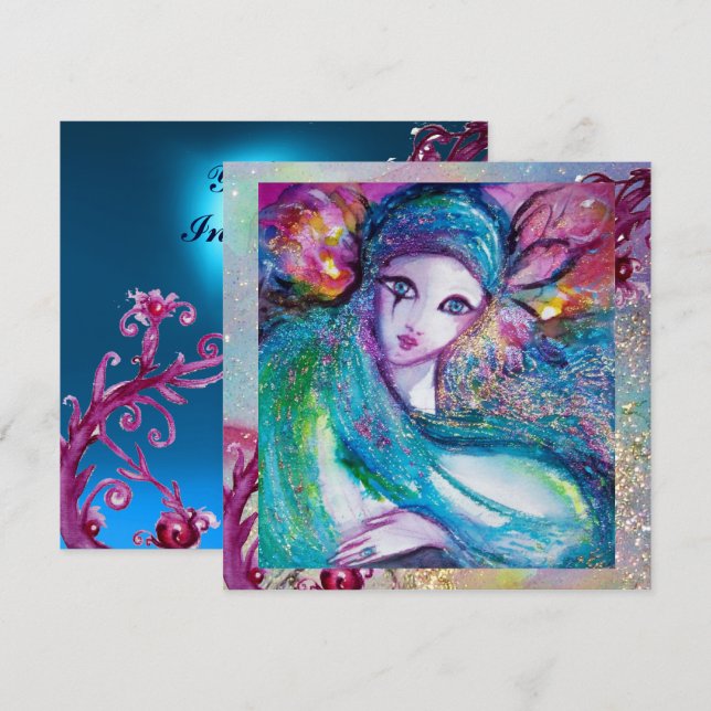 LADY BLUE MASK Elegantes Masquerade Party, Saphir Einladung (Vorne/Hinten)