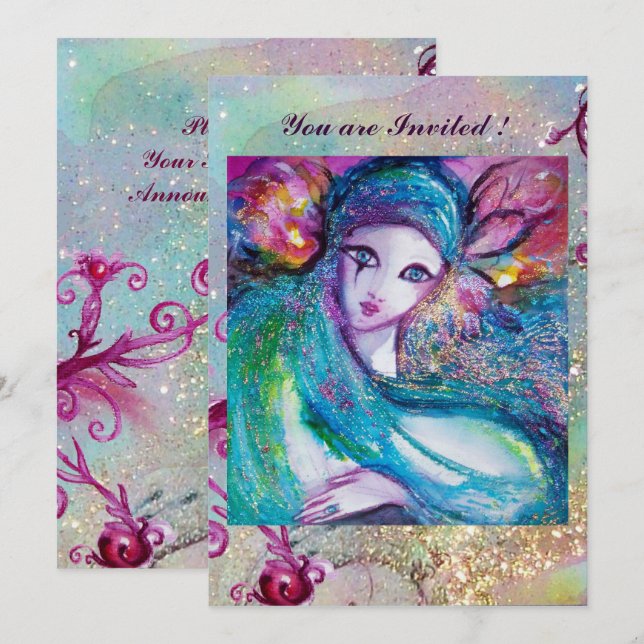 LADY BLUE MASK Elegantes Party Aquamarin Rosa Einladung (Vorne/Hinten)