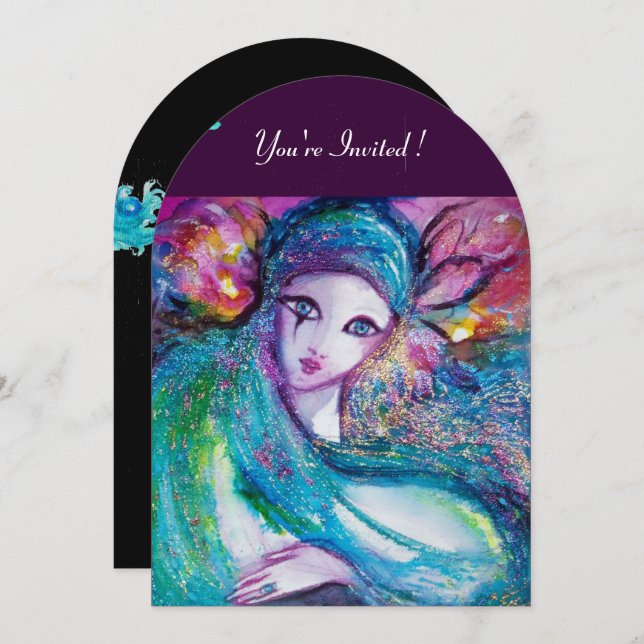 LADY BLUE MASK Elegantes Party, Aquamarin Schwarz Einladung (Vorne/Hinten)