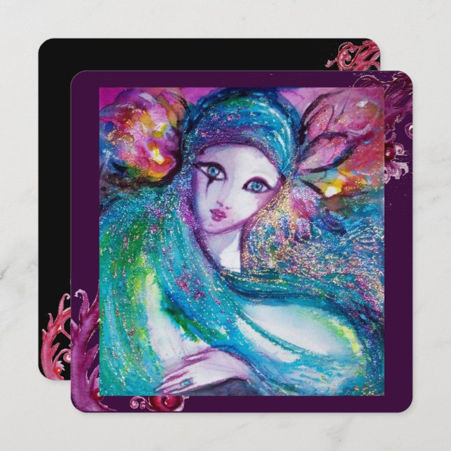 LADY BLUE MASK Elegantes Party, Aquamarin Schwarz Einladung (Vorne/Hinten)