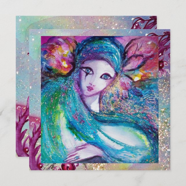 LADY BLUE MASK Masquerade Party Floral Glitzern Einladung (Vorne/Hinten)