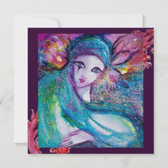 LADY BLUE MASK Masquerade Party, Rote Lila Wirbel Einladung (Vorderseite)