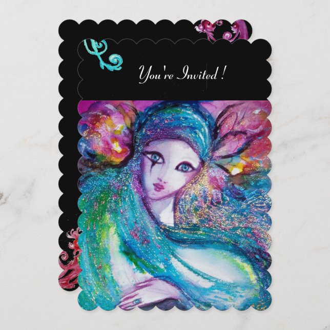 LADY BLUE MASK Masquerade Party, Rote Wirbel Schwa Einladung (Vorne/Hinten)