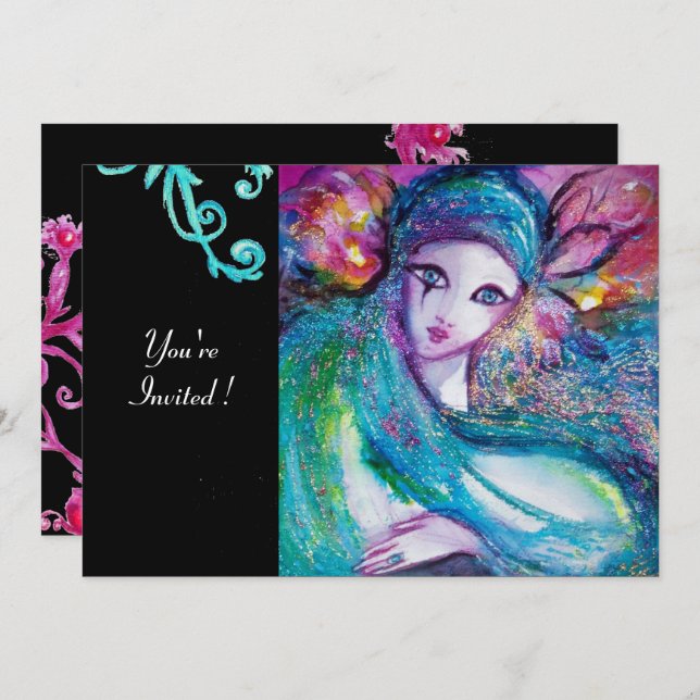 LADY BLUE MASK Masquerade Party, Rote Wirbel Schwa Einladung (Vorne/Hinten)