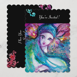 LADY BLUE MASK Masqueraden-Party, rote Schwirbel s Einladung