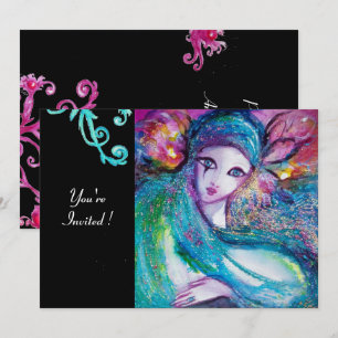 LADY BLUE MASK Masqueraden-Party, rote Schwirbel s Einladung