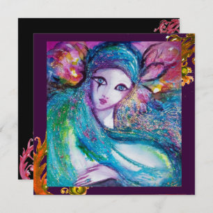 LADY BLUE MASK Rot Gelbe Wirbel Masquerade Party Einladung