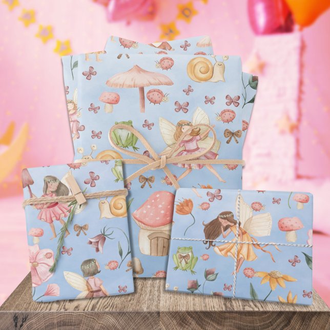 Lady Bug Butterfly Toad Gnome Fairies Garden Blue Geschenkpapier Set (Lady Bug Butterfly Toad Gnome Fairies Garden Sky Blue Kids Gift Wrapping Paper)