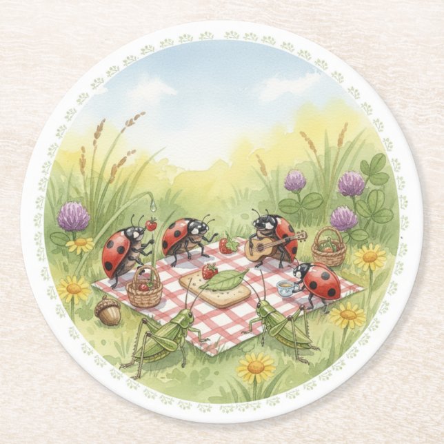 Lady bug cricket spring garden party coasters runder pappuntersetzer (Vorderseite)
