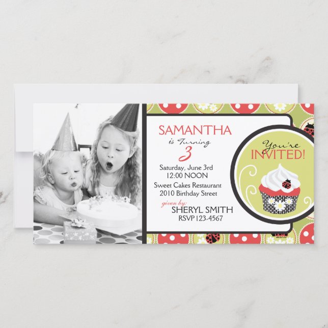 Lady Bug & Cupcake Geburtstags Einladungsfotokarte (Vorderseite)