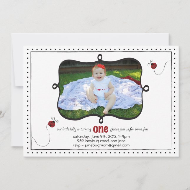 Lady Bug Erster Geburtstag Einladung (Vorderseite)