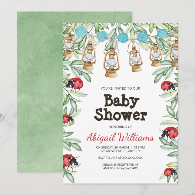 Lady Bug in Greenery Garden Baby Shower Einladung (Vorne/Hinten)