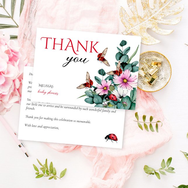 Lady Bug kleine Dame Babydusche Dankeskarte (Lady bug little lady spring summer girls baby shower thank you cards eucalyptus greenery cute bugs)