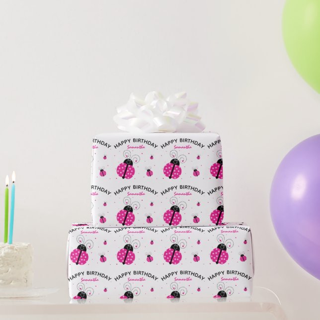 Lady Bug Pink Happy Birthday Geschenkpapier (Partygeschenke)