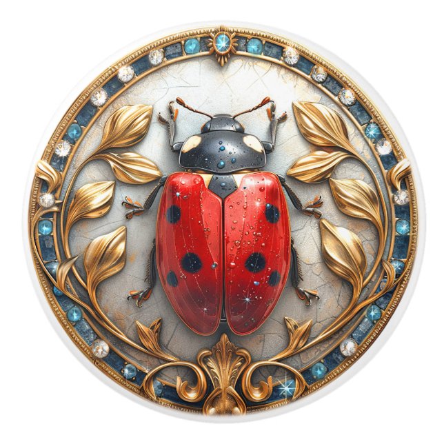 Lady Bug Wertvolle Edelsteine Elegante Gold Blätte Keramikknauf (Vorderseite)