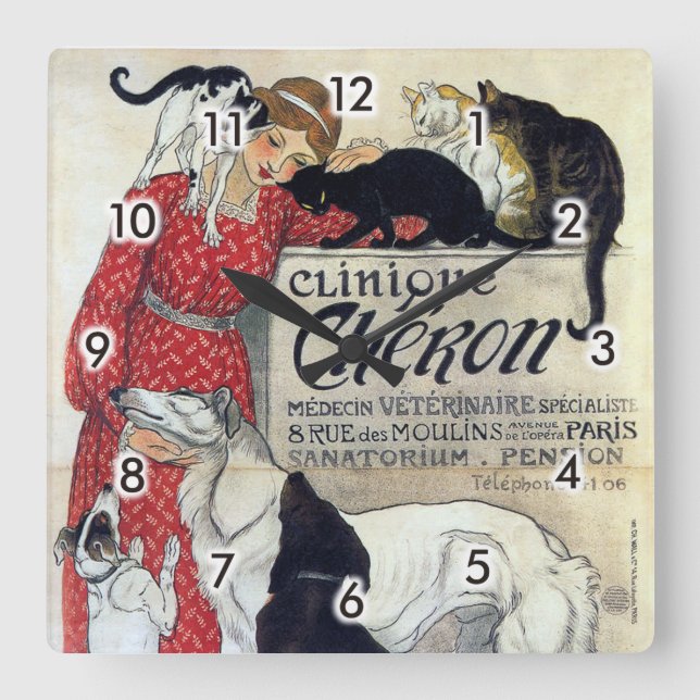 Lady, Cats & Hunde, Alexandre Steinlen Quadratische Wanduhr (Vorderseite)