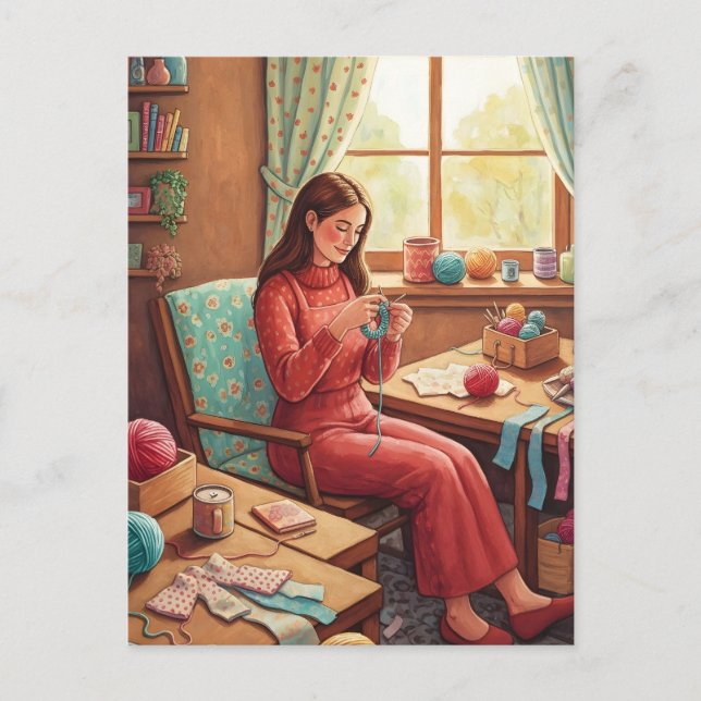 Lady Crocheting  in Her Cozy Craftting Room  Postkarte (Vorderseite)