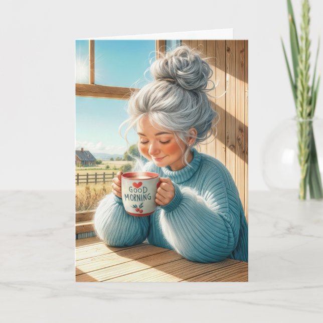 Lady Drinking Coffee Thinking Karte (Vorderseite)