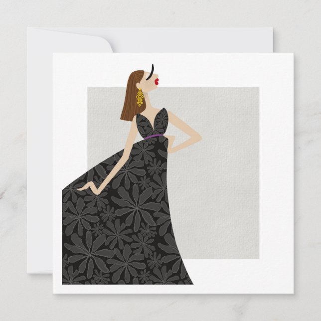 Lady Fashionista in Black Fashion Illustration Einladung (Vorderseite)