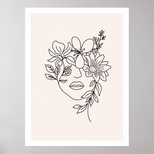 Lady Gesichtsausdruck mit Blume Line Art Print Poster (Vorne)