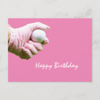 Lady Golfer halten Golfball mit rosa Handschuh auf