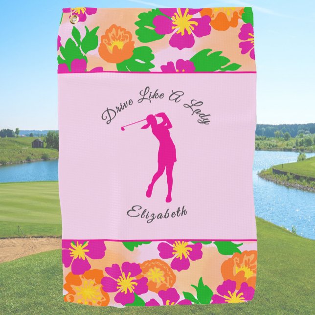 Lady Golfer Pink Floral Preppy Individuelle Name L Golfhandtuch (Von Creator hochgeladen)