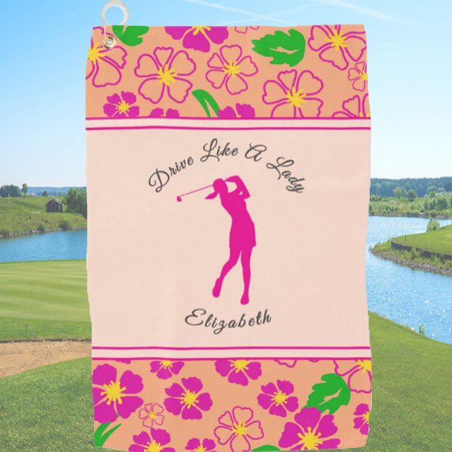 Lady Golfer Pink Orange Preppy Individuelle Name L Golfhandtuch (Von Creator hochgeladen)