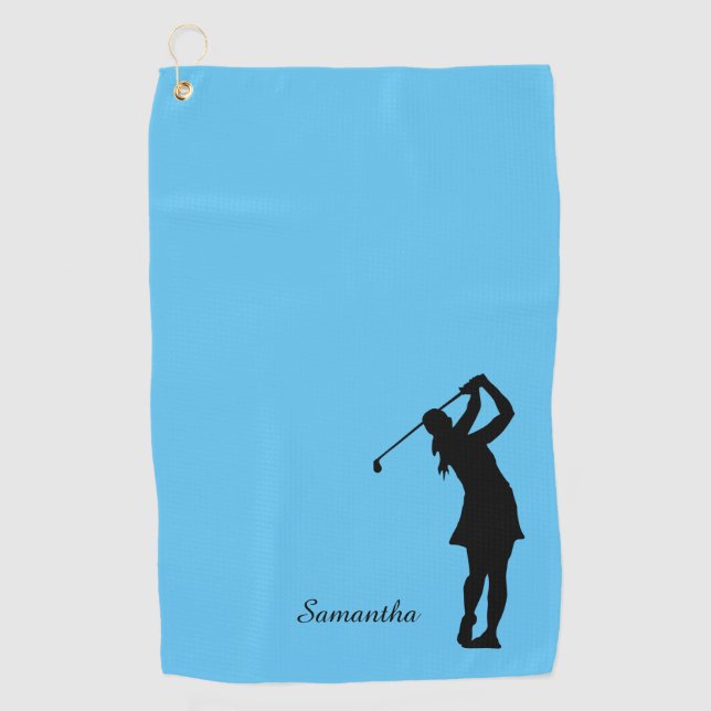 Lady Golfer Silhouette Black Blue Monogram Golfhandtuch (Vorderseite)