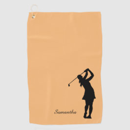 Lady Golfer Silhouette Black Orange Monogramm Golfhandtuch
