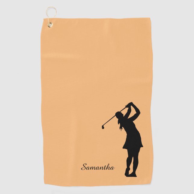 Lady Golfer Silhouette Black Orange Monogramm Golfhandtuch (Vorderseite)