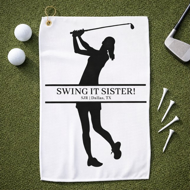 Lady Golfer Silhouette Personalized Monogram Golfhandtuch (Personalize with initials, city state.  Change the caption too, if you wish)