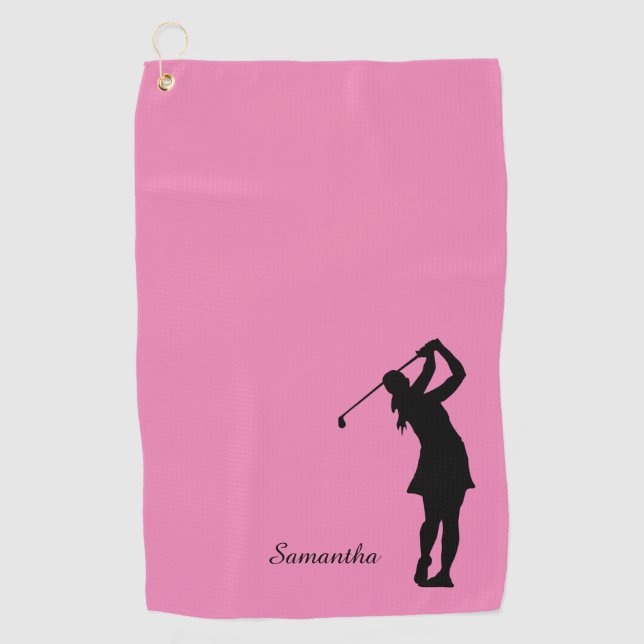 Lady Golfer Silhouette Schwarz Rosa Monogramm Golfhandtuch (Vorderseite)