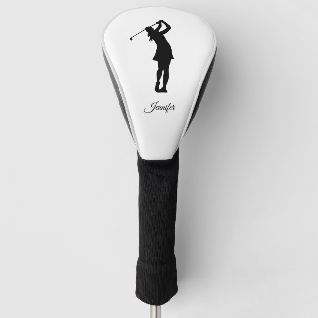 Lady Golfer Silhouette Schwarz-weiß Ihren Namen Golf Headcover (Vorderseite)
