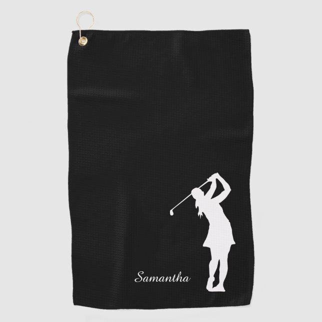 Lady Golfer Silhouette Schwarz-weiß Monogramm Golfhandtuch (Vorderseite)