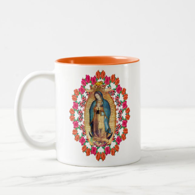 Lady Guadalupe Jungfrau Mary Katholic Orange Zweifarbige Tasse (Links)