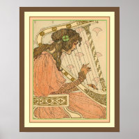 Lady & Harp Art Nouveau Print 16 x 20