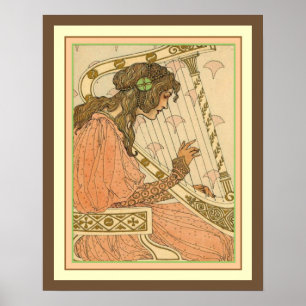 Lady & Harp Art Nouveau Print 16 x 20 Poster