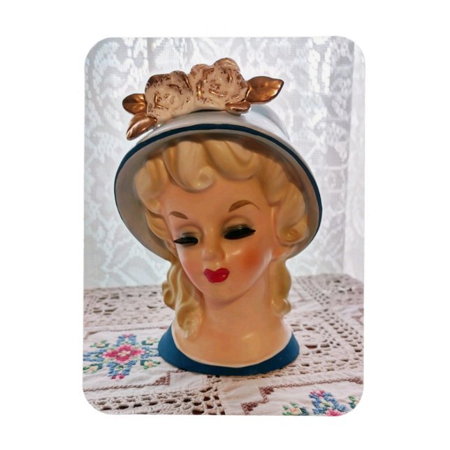 Lady Head Vase Blonde Teen Blue Hat Blume Magnet (Vertikal)