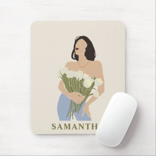 Lady Holding Bouquet Blume Grüne Abstrakte Kunst Mousepad