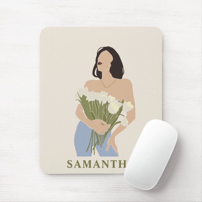 Lady Holding Bouquet Blume Grüne Abstrakte Kunst Mousepad (Mit Mouse)