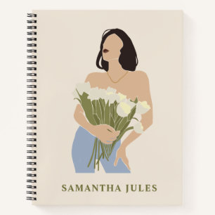Lady Holding Bouquet Blume Grüne Abstrakte Kunst Notizbuch