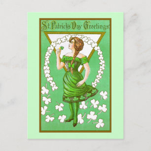 Lady Holding Kleeblatt Vintag St Patricks Day Postkarte