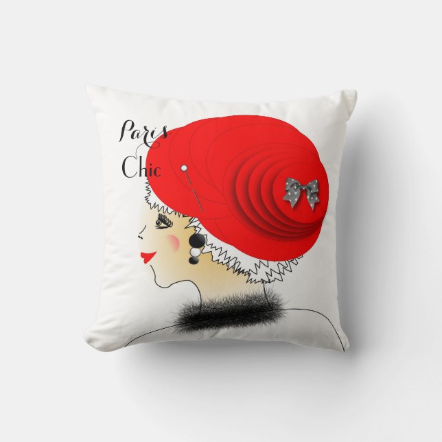 Lady in Big Hat Paris Mode Illustration Kissen (Vorderseite)